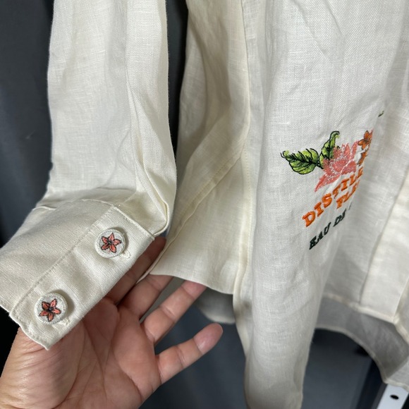 NWT Agua Bendita Ete Swan Shirt 100% Linen Embroidered Cream M/L Cover Up Resort - Picture 6 of 12